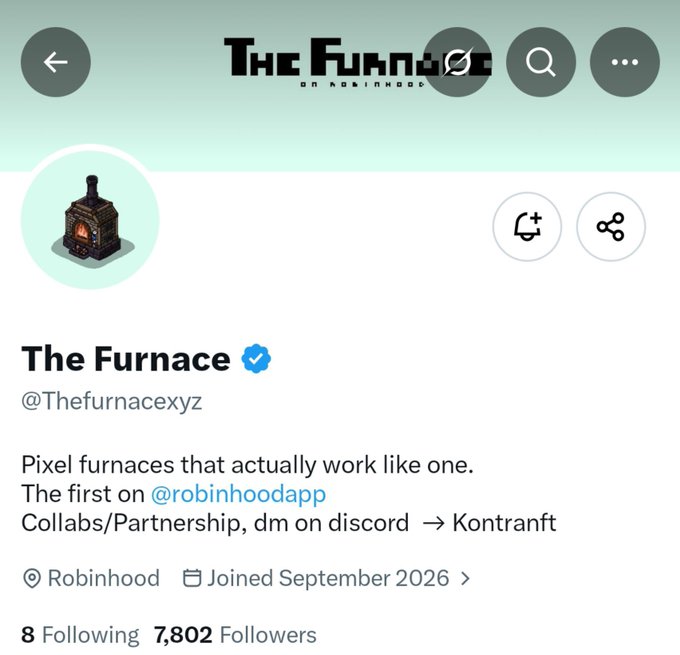 The image shows a Twitter/X profile page for "The Furnace" (@Thefurnacexyz), featuring a pixel-art furnace logo and a bio describing it as the first pixel furnaces on @robinhoodapp with collaboration inquiries directed to Kontrnft on Discord. The profile, joined September 2026, has 8 Following and 7,802 Followers, and relates to the accompanying post announcing an upcoming pixel furnace NFT collection on the Robinhood chain with a supply of 3,232 and a TBA mint price.