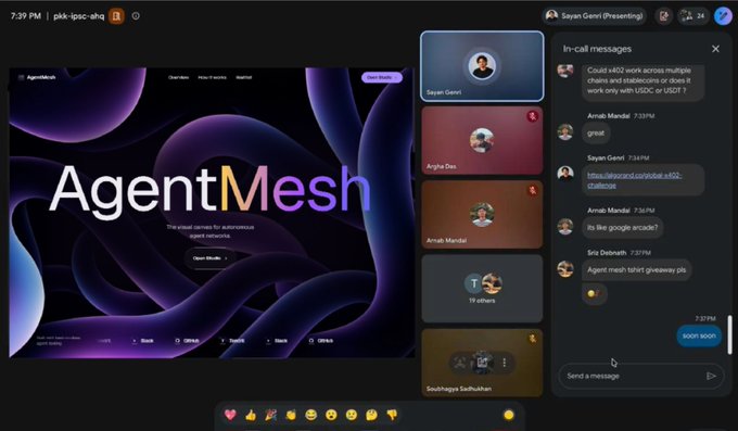 A video conference shows the AgentMesh website ('The virtual operators for autonomous agent networks') alongside a chat panel discussing stablecoin/USDC work and an 'Agent mesh t-shirt giveaway'.