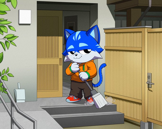A cartoon blue cat character wearing an orange hoodie and red sneakers stands on a step, holding a broom while sweeping in front of a doorway with bamboo-style doors, embodying the post's message "Keeping things clean."