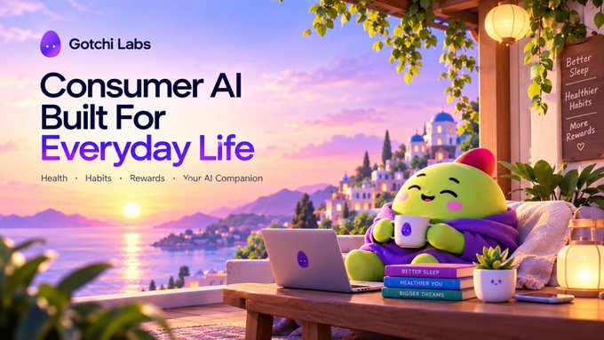 A promotional banner for 'Gotchi Labs' featuring the text 'Consumer AI Built For Everyday Life' alongside an illustration of a green character working on a laptop.