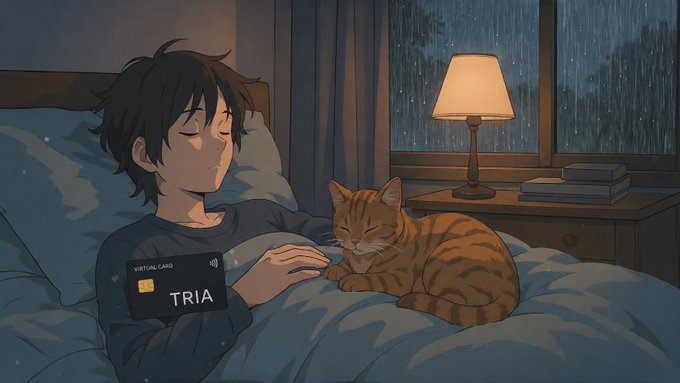 The image features a boy sleeping next to his cat on a bed, with the cat sitting on top of him. The scene takes place at night, as indicated by the presence of a lamp nearby. A credit card is also present in the image, which could be related to the Tria Season 3 post that emphasizes the importance of focusing on what's relevant and not getting distracted by temporary incentives or distractions.