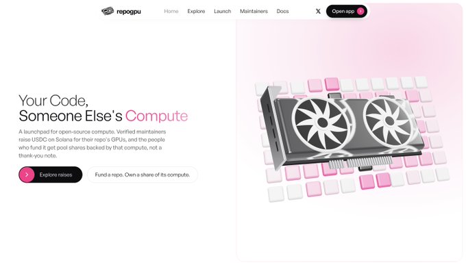 A webpage for 'repopu' displays the headline 'Your Code, Someone Else's Compute' alongside a 3D illustration of a graphics card resting on a pink and white keyboard.
