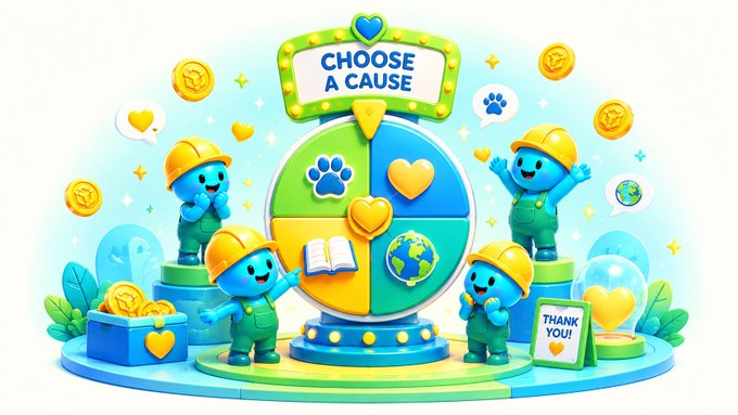 A colorful 3D illustration featuring cartoon characters in yellow hard hats and green overalls surrounding a spinning wheel labeled 'CHOOSE A CAUSE', with categories including paw prints, a heart, an open book, and a globe, accompanied by coins and a 'THANK YOU!' sign.