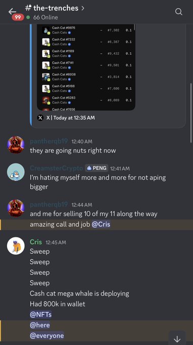 A screenshot from the "the-trenches" Discord server shows wallet activity for "Cash Cat" wallets collectively spending around 60,000 PENG tokens, alongside messages from users panthergb19 and CreamsterCrypto discussing their entries, and Cris announcing "Sweep Sweep Sweep" while alerting that a Cash Cat mega whale deployed 800k into the wallet at 12:45 AM, directly tying into the poster's account of calling the sweep entry at .19-.20 before further price movement.