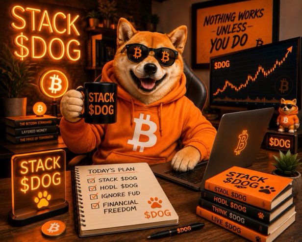 An AI-generated image of a Shiba Inu dog wearing Bitcoin sunglasses and an orange hoodie, holding a 'STACK $DOG' mug, surrounded by books, a neon sign, and a 'TODAY'S PLAN' checklist.
