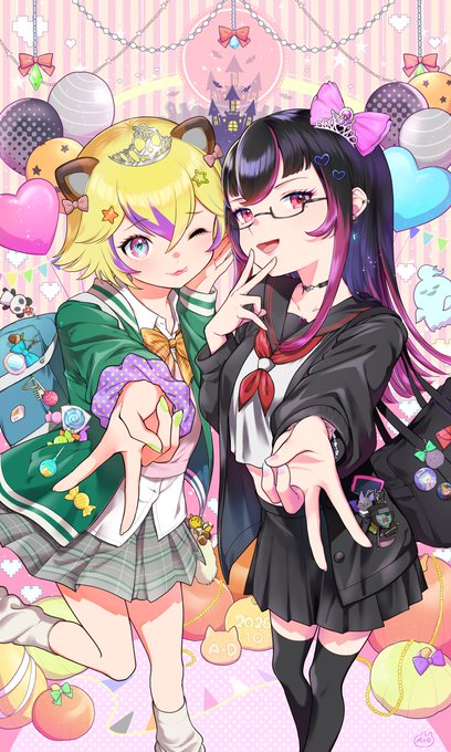 Anime-style illustration of two girls posing together; one has blonde hair with a bear-eared hood and the other has black and pink hair with a large pink bow, set against a colorful pink background with balloons and heart shapes.
