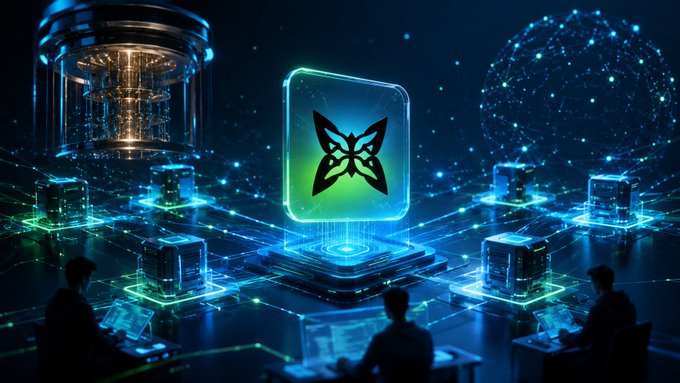 A futuristic digital artwork showing people working at computers in a dark, glowing environment with a central holographic green icon displaying a butterfly or mask design, surrounded by other data cubes and a globe.