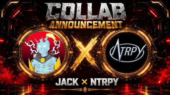 A collaboration announcement banner reading 'COLLAB ANNOUNCEMENT' featuring 'JACK × NTRPY' with a cartoon demon character on the left and a logo on the right.