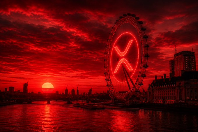 The image features a large Ferris wheel with a red X logo, set against a dark sky with clouds. The Ferris wheel appears to be illuminated by neon lights, creating a striking contrast against the backdrop of the sunset. In the background, there are buildings and a bridge visible in the scene. The post includes a link that reads "Good morning from a sea of red my X family Markets are bleeding. Timelines are full of fear. But fortunes are built during days like these. Eyes on the long game. #XRP #Crypto #Altcoins". This message seems to be related to the Ferris wheel and its neon lights, possibly indicating an event or promotion involving cryptocurrencies or a financial theme.