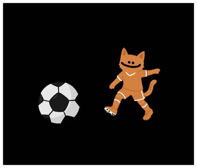 A minimalist digital illustration of an orange cartoon cat in a soccer uniform posing next to a soccer ball on a solid black background.