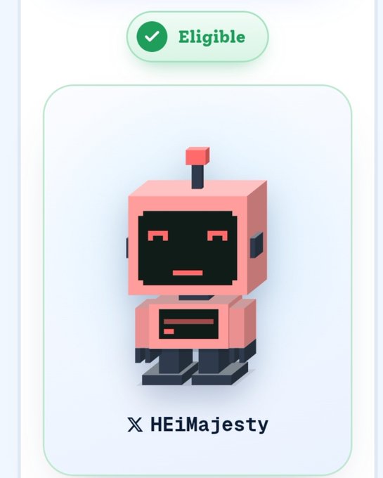 A mobile app interface showing a pink 3D pixel-art robot character labeled "HE1Majesty" with an "Eligible" status badge above it.