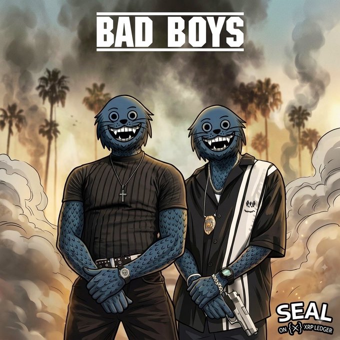 An illustrated cover for "BAD BOYS" featuring two blue-furred anthropomorphic cat characters dressed as tough guys in black clothing with jewelry and a gun, standing amidst a fiery background with palm trees, branded by SEAL on XRP Ledger.
