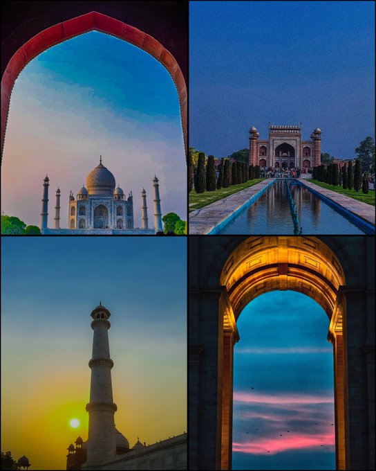 A four-panel photo collage showcasing iconic Indian architecture, including the Taj Mahal, Humayun's Tomb, the Qutub Minar at sunset, and an illuminated archway.