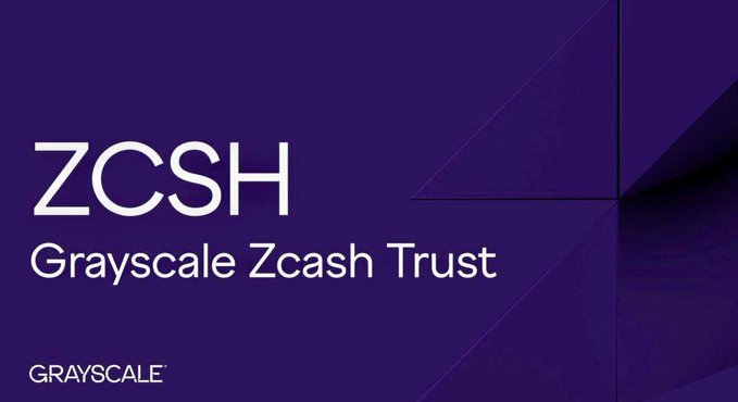 A purple graphic displaying the text 'ZCSH' and 'Grayscale Zcash Trust' with the Grayscale logo, referencing the Grayscale Zcash Trust investment product.