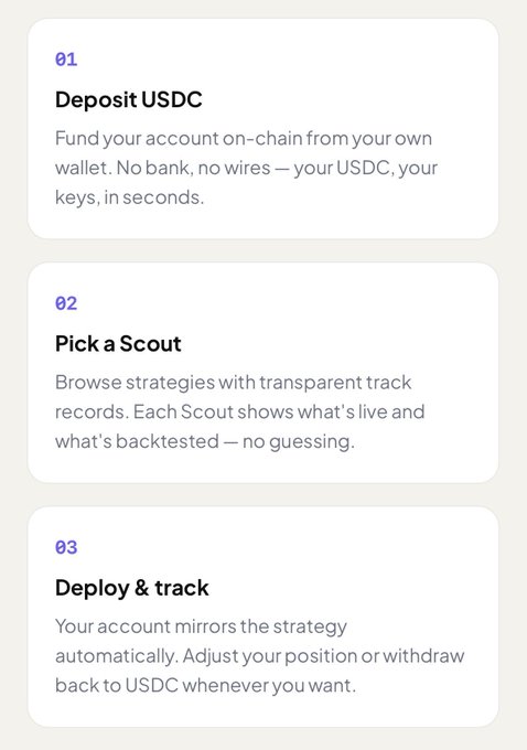 A three-step onboarding guide with steps: 01 Deposit USDC, 02 Pick a Scout, and 03 Deploy & track, explaining a transparent on-chain copy trading platform.