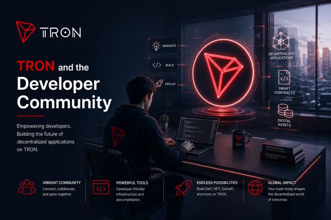 A promotional graphic for the TRON cryptocurrency, featuring a developer working on a laptop with a glowing red TRON logo, text reading 'TRON and the Developer Community', and feature icons for innovating, building, decentralized applications, smart contracts, and digital assets.