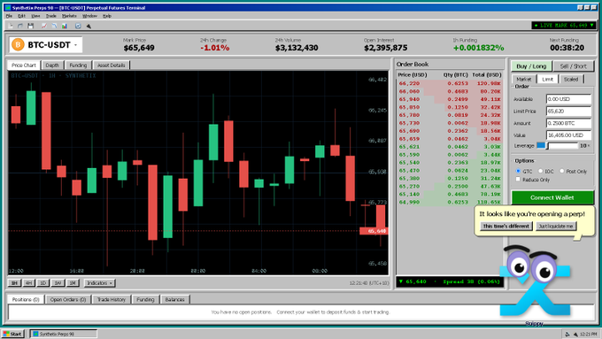 A trading platform screenshot showing BTC-USDT at $65,649 with a 1-hour chart, order book, and trade interface, styled to resemble a retro Windows 98 aesthetic in fulfillment of the post's promise to re-skin the platform with Windows 98 UI if the post receives 1 like.