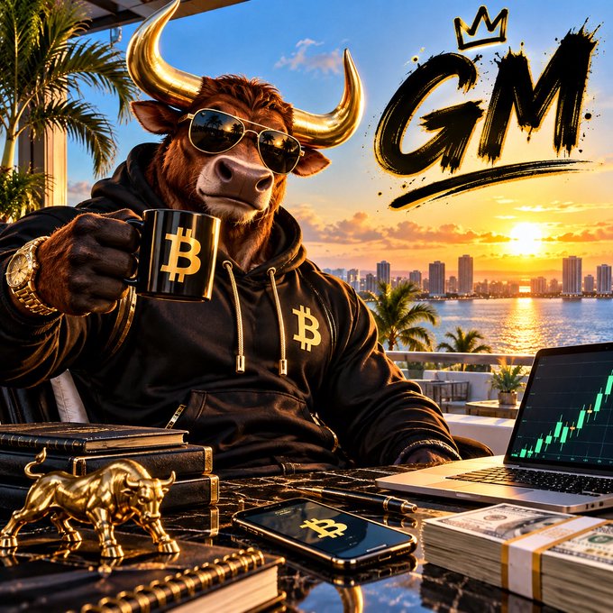 An AI-generated image of a bull wearing sunglasses and a Bitcoin hoodie holding a Bitcoin mug, with 'GM' written on a laptop screen in a sunset setting.