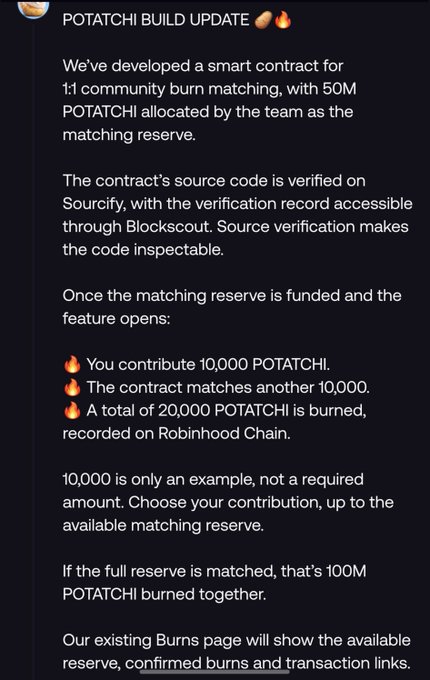 A Discord message detailing a 'POTATCHI BUILD UPDATE' about a 1:1 community burn matching smart contract, allocating 50M POTATCHI as a matching reserve.