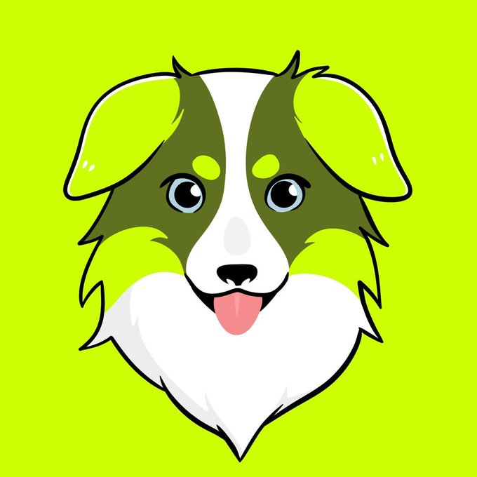 A cheerful cartoon illustration of a Border Collie's face with its tongue out, set against a bright lime green background, serving as the mascot/logo for the $ROBDOG token. The image directly ties to the post celebrating $ROBDOG's milestone of surpassing 800k and its 4x growth.