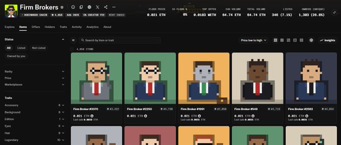 A screenshot of the NFT marketplace OpenSea displays the "Firm Brokers" collection page, showing pixelated broker character avatars with floor prices listed in ETH (e.g., "Firm Broker #2070" at 0.021 ETH), supporting the poster's claim of successfully trading these NFTs for profits.