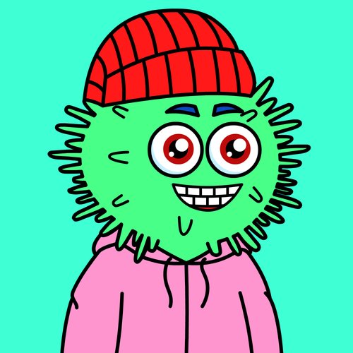 A cartoon illustration of a green fuzzy monster-like character wearing a red beanie and a pink hoodie against a teal background.