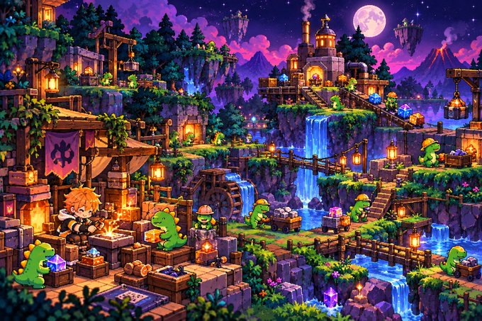 A vibrant pixel-art fantasy illustration depicting a multi-level village or mining outpost at night, featuring a dwarf character, green dinosaur-like creatures, waterfalls, lanterns, and floating islands under a starry sky.