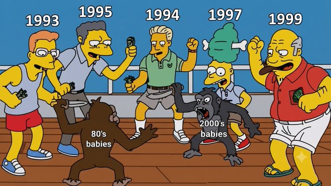 Simpsons meme illustration depicting characters as representatives of different years (1993, 1995, 1994, 1997, 1999) with '80's babies' and '2000's babies' as monkeys, set on a ship's deck.