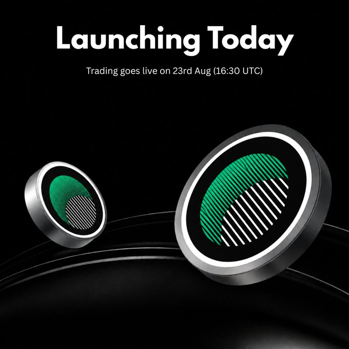 A promotional graphic with a black background announces 'Launching Today' with text stating 'Trading goes live on 23rd Aug (16:30 UTC)', featuring two 3D coins with a green and black striped logo.