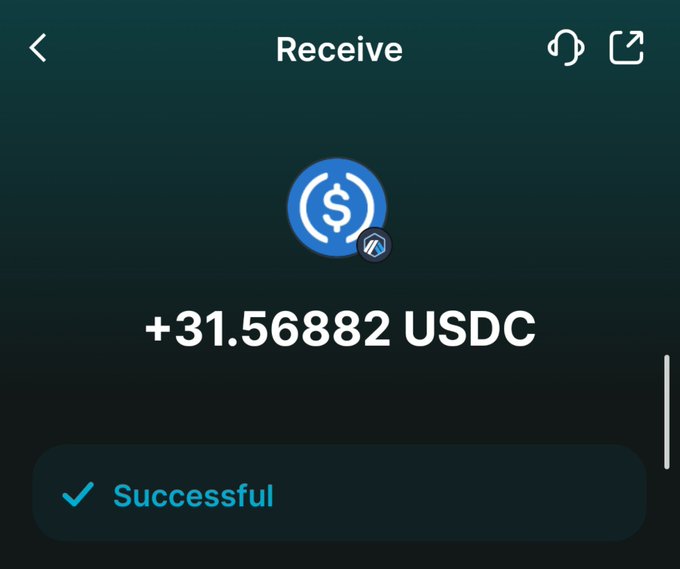 A mobile cryptocurrency wallet screen confirming a successful receipt of +31.56882 USDC.