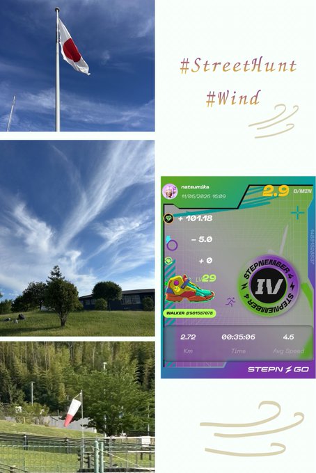 The image features a collage of three photos, with one photo showing a flag flying high against a blue sky, another displaying a tree next to a building, and the third featuring an electronic device or game screen. The collage also includes text elements such as "Street Hunt #Wind" and "Stepn #Stepngo", which may be related to the content of the image.