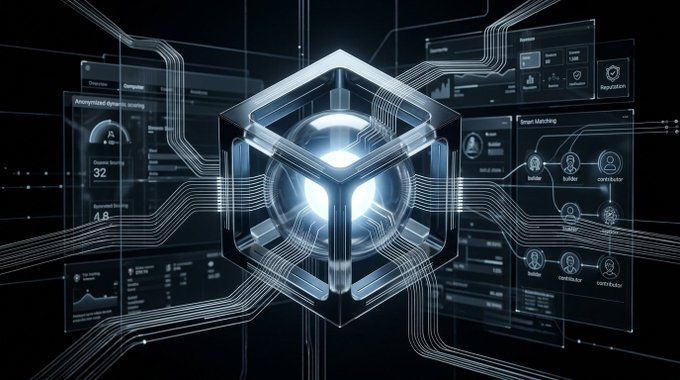 A futuristic digital interface displaying a glowing 3D cube connected by lines to various HUD panels showing 'Anonymized dynamic events', 'Information', 'Process', and 'Registration' data.