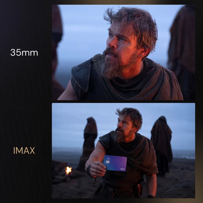 A side-by-side comparison showing the same movie scene shot in 35mm versus IMAX, depicting a bearded man in medieval garb holding a Visa credit card in the wider IMAX frame.