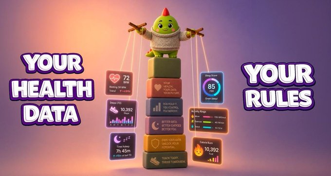 A graphic of a green puppet character controlling a marionette of health metric cards, with the text 'YOUR HEALTH DATA' on the left and 'YOUR RULES' on the right.