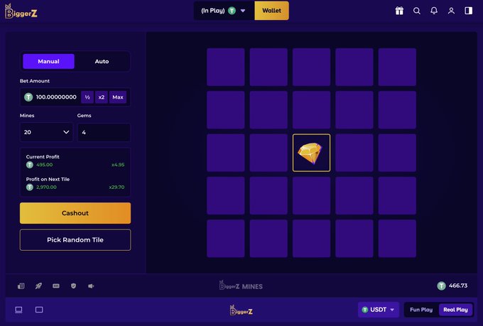 Screenshot of an online Mines gambling game by BiggerZ showing a 5x5 grid with one revealed diamond tile, bet amount of 100 USDT, and 635.00 current profit.