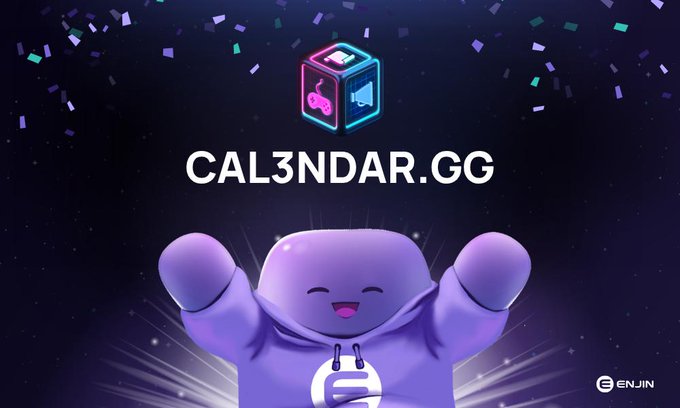 A promotional graphic for 'CAL3NDAR.GG' by ENJIN, featuring a 3D-rendered purple character celebrating under a floating cube logo, with confetti falling around them against a starry background.
