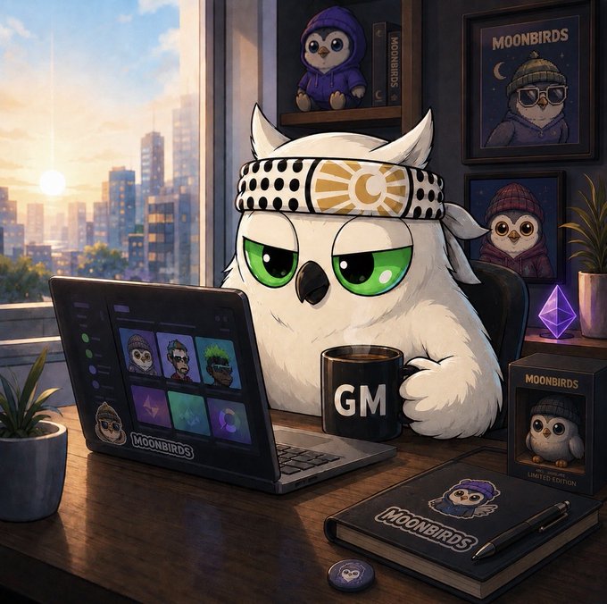 An illustrated white owl character wearing a headband sits at a desk with a laptop and coffee mug labeled 'GM', surrounded by 'MOONBIRDS' branded merchandise including a figurine and a notebook.