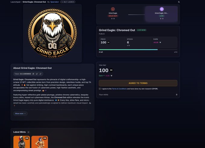 Screenshot of a digital collectible marketplace listing for 'Grind Eagle: Chromed Out' on the Launchpad by Spectrada, showing an NFT with a bald eagle logo, priced at 100 $H, with a 5/8 minting progress bar and description text about high-fashion design.