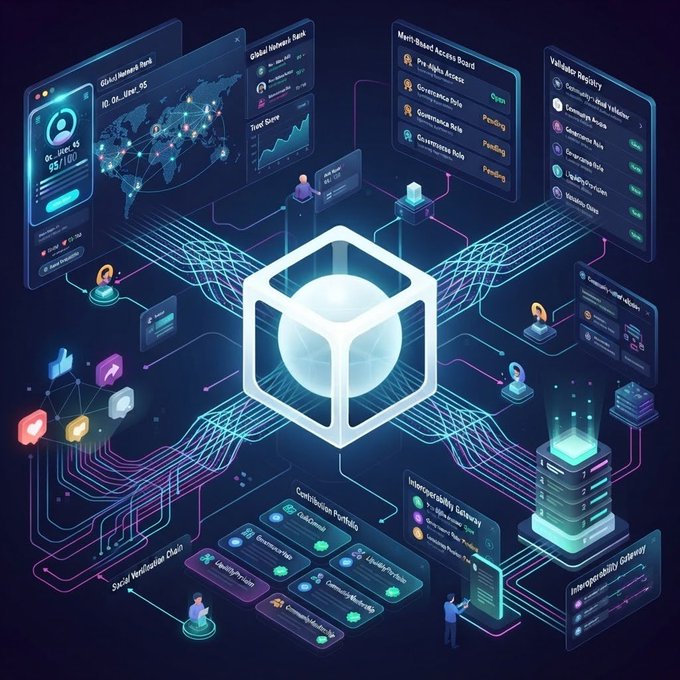 A futuristic, neon-lit digital infographic illustrates a centralized networking concept with a glowing hexagonal hub connected to various data panels, network maps, and contributor profiles.