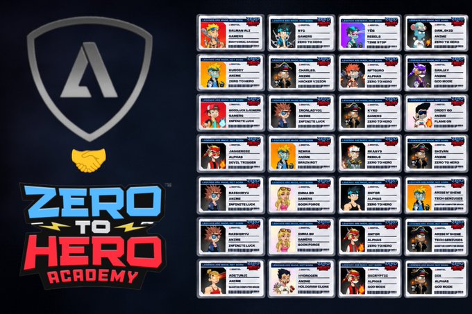 The 'Zero to Hero Academy' website featuring a shield logo with an 'A' and a handshake, alongside a grid of collectible character card NFT profiles.