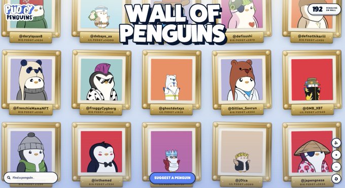 The 'WALL OF PENGUINS' page on Pudgy Penguins website, displaying various penguin NFT profile pictures in gold frames, with a count of 192 PENGUINS to claim.
