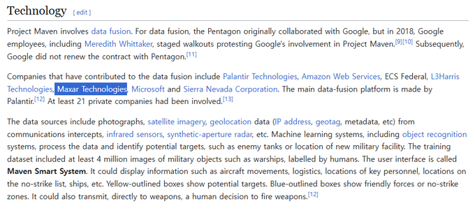 A Wikipedia excerpt detailing Project Maven's technology stack, highlighting its data fusion capabilities, use of Palantir's main platform, and a training dataset of at least 4 million images of military objects processed through the Maven Smart System interface.

The post references "$SATL" and Maxar Technologies, which appears in the text as one of the key companies contributing to Project Maven, while questioning whether the connection between the stock and Maven was merely speculative rather than based on a direct contract.