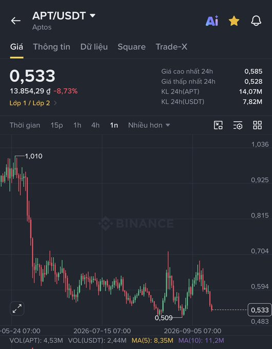 A Binance trading chart for APT/USDT showing a price of 0.533, down 8.73%, with a significant drop from a high of 1.010.