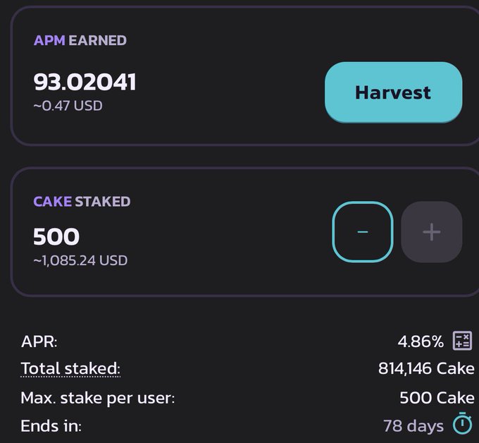 A crypto wallet interface displays "APM EARNED 93.02041 ~0.47 USD" with a Harvest button, and "CAKE STAKED 500 ~1,085.24 USD" showing APR 4.86% and Total staked 814,146 Cake.