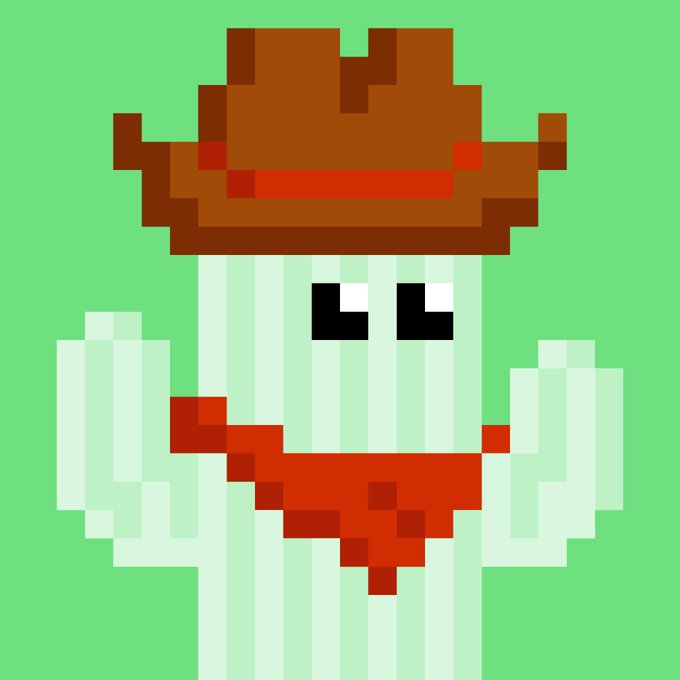 A pixel art illustration depicts a character made of light green strips with a brown cowboy hat and a red bandana around its neck against a green background.