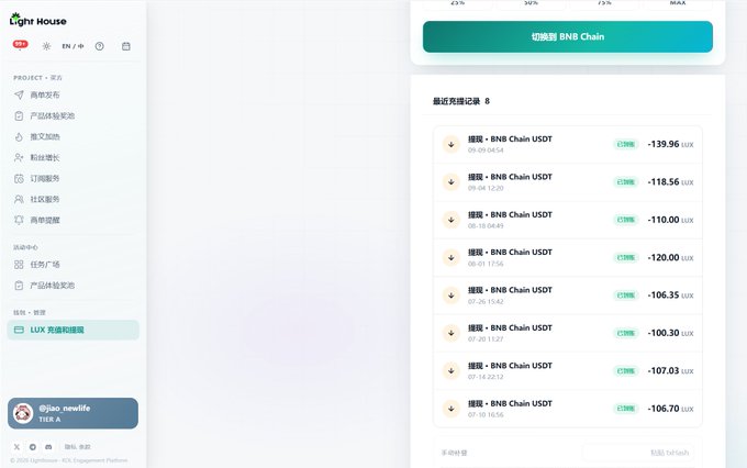 A LightHouse Labs dashboard in Chinese shows recent withdrawal records for BNB Chain USDT, with negative amounts ranging from approximately -106 to -140 USDX.