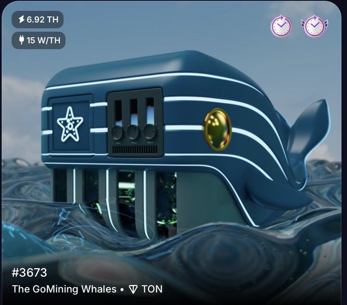 A 3D illustration of a whale-shaped cryptocurrency mining rig labeled 'The GoMining Whales' (#3673) on the TON network, showing 6.92 TH hashrate and 15 W/TH power.