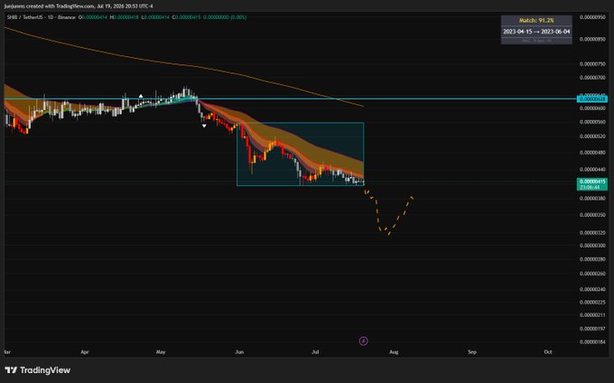 A TradingView candlestick chart of SHIB/USD on Binance shows a highlighted rectangular pattern from mid-June 2023 resembling the current price action, with a dotted projection line extending downward toward the $0.00000320–$0.00000330 zone—visually illustrating the post's claim of a 91% bearish pattern match and a potential 20% drop.