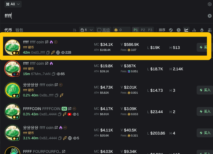 A screenshot of a cryptocurrency tracker showing the "ffff ffff coin" (ticker ffff) highlighted with a yellow box, displaying a market cap (MC) of $34.1K, volume of $586.9K, and a contract address ending in 0xd3...ffff. The image supports the post's comment about the coin's market cap dropping, capturing the moment at $34K before its decline to $21K.