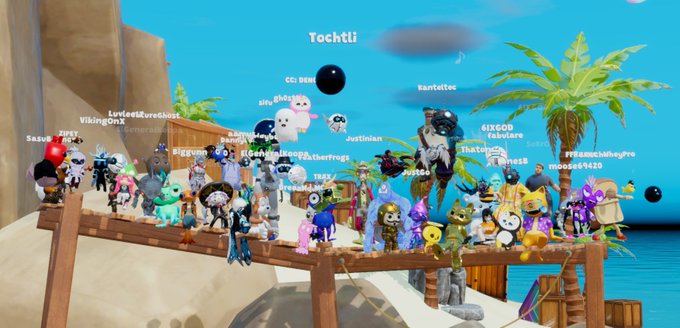 A screenshot from a Roblox game showing many player avatars gathered on a wooden platform, with the name 'Tochtli' displayed at the top.
